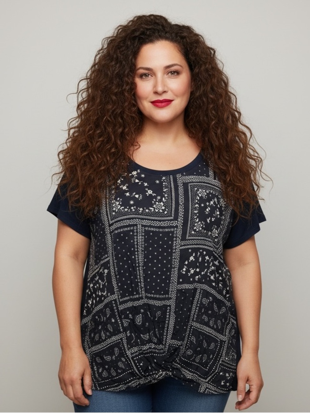 Suzanne Betro Weekend Bandana Patchwork Print Top - Size 1X